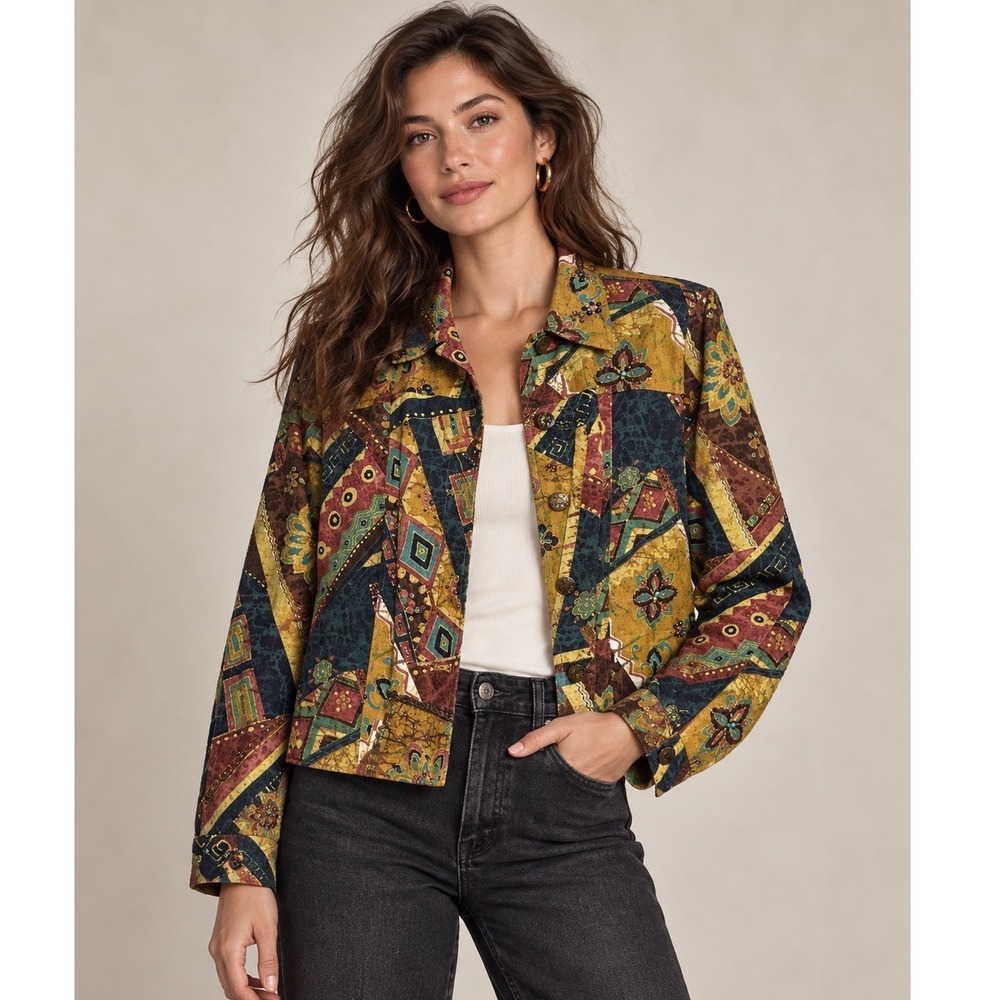 Coldwater Creek Beaded Patchwork Jacket Women S Multi Linen Blend Boho Chic